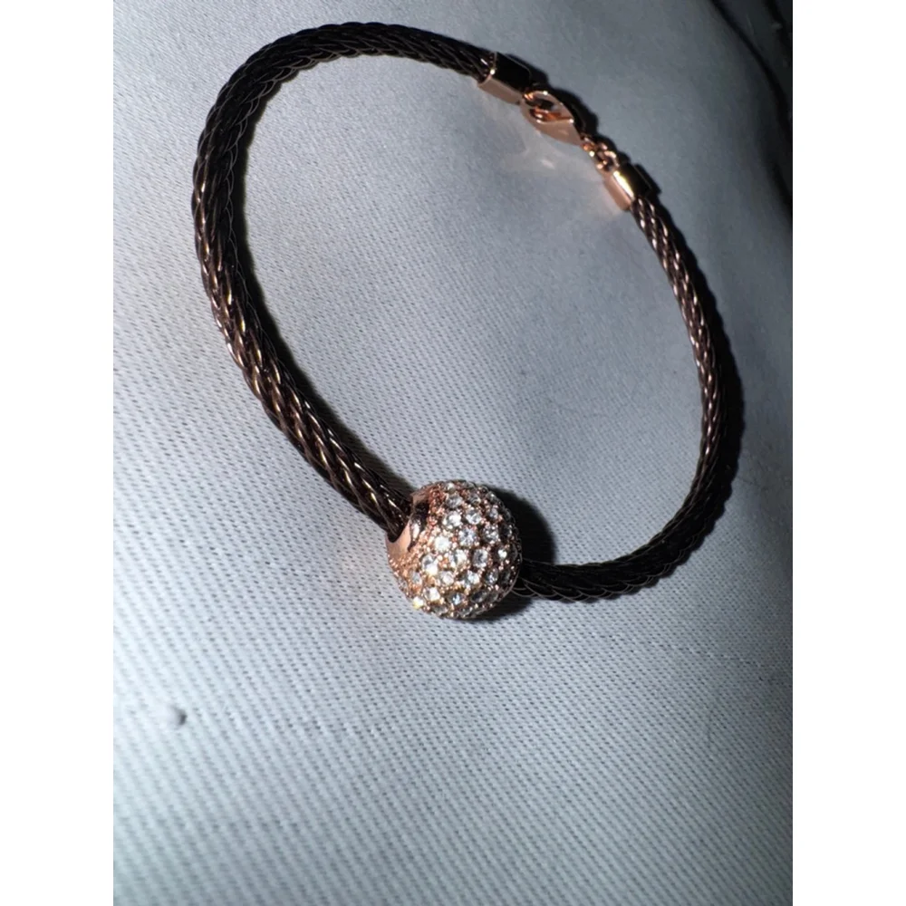 Pave Crystal Bead Bracelet Dark Cable Wire Gold Tone Quiet Luxury Glam Minimalis